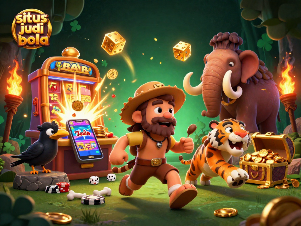 Engage in thrilling sports betting at situs judi bola with a prehistoric casino scene featuring vibrant elements.