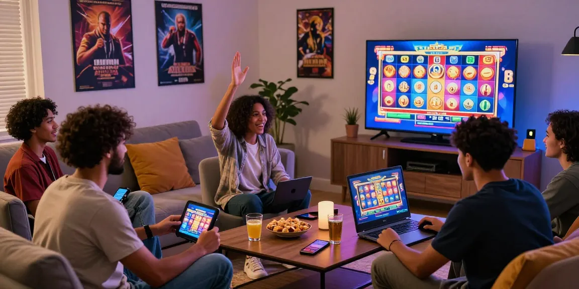 Players enjoying online slot games together in a cozy living room, highlighting deposit tanpa minimal for seamless gaming experiences.