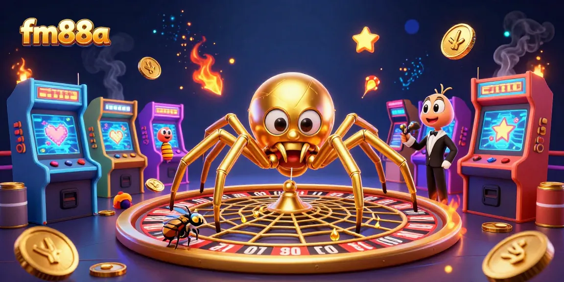Place bets at fm88a's roulette wheel by a golden spider spinning luck in a vibrant casino scene.