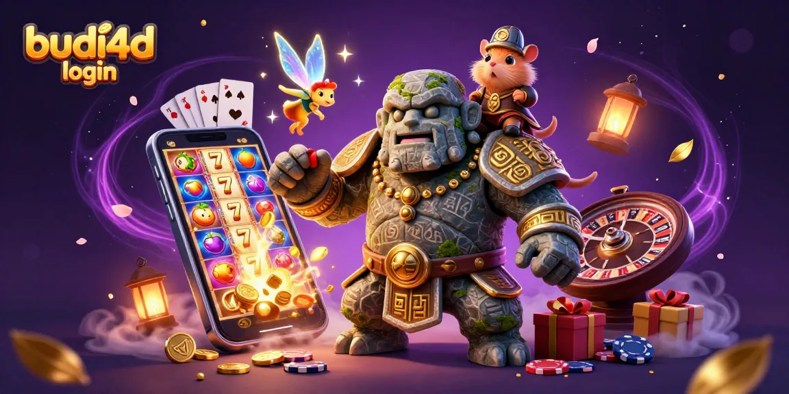 BUDI4D login scene with a golem guardian, magical fairy, and hamster knight amid casino symbols.