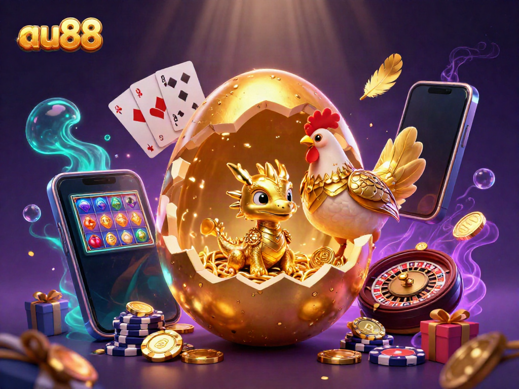 Experience the thrill of au88 as a golden dragon emerges from poker chips in a vibrant casino atmosphere.