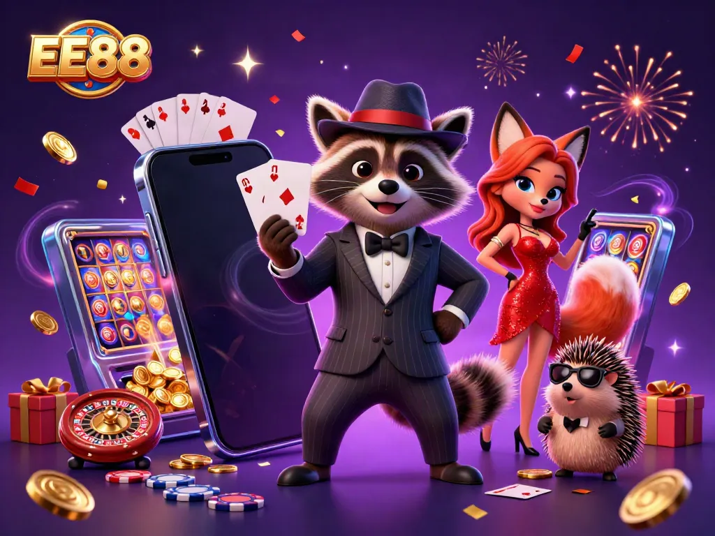Experience thrilling games with EE88 as a suave raccoon, a fox lady, and a hedgehog bouncer celebrate at a casino.