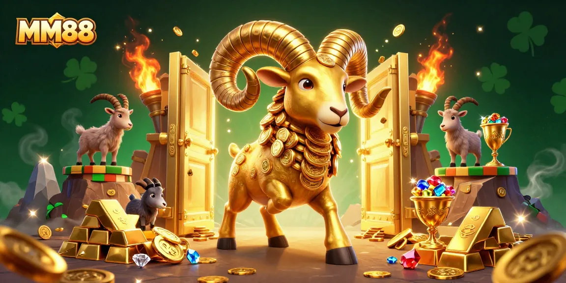 Experience the excitement of MM88 with a majestic golden ram charging through a treasure vault in a vibrant casino scene.