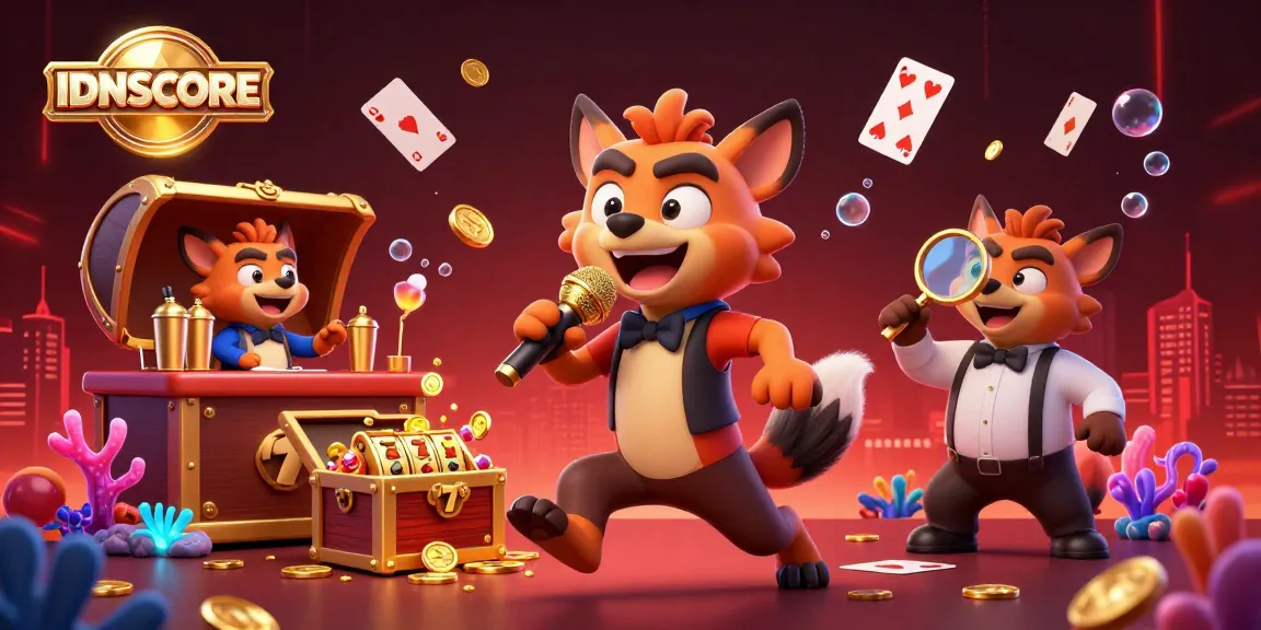 IDNSCORE showcases a comedian hyena in a vibrant casino club surrounded by slot reels and colorful casino elements.