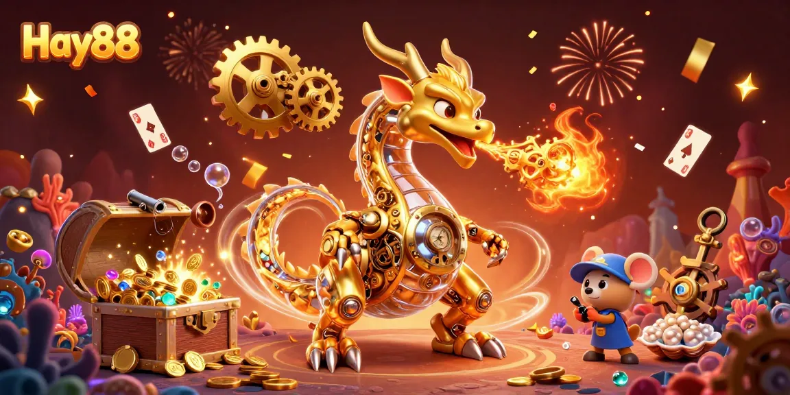 Experience the thrill of Hay88 as a golden dragon breathes cogs amidst a vibrant casino scene.