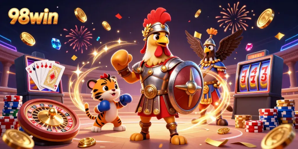 Experience the thrill of 98win with soaring coins and vibrant casino elements in an epic battle.