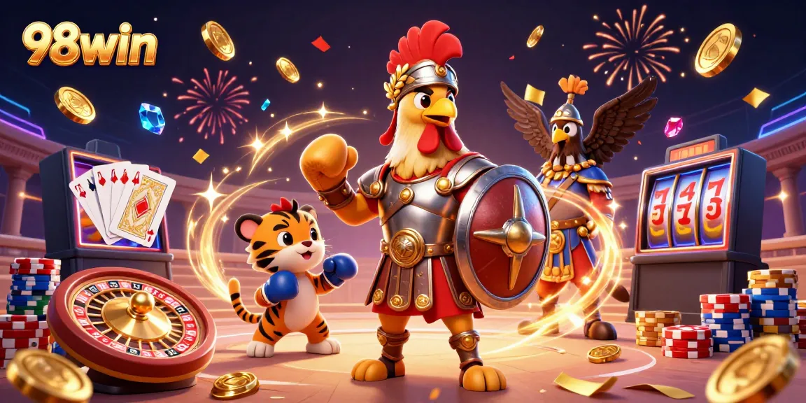 Experience the thrill of 98win with soaring coins and vibrant casino elements in an epic battle.