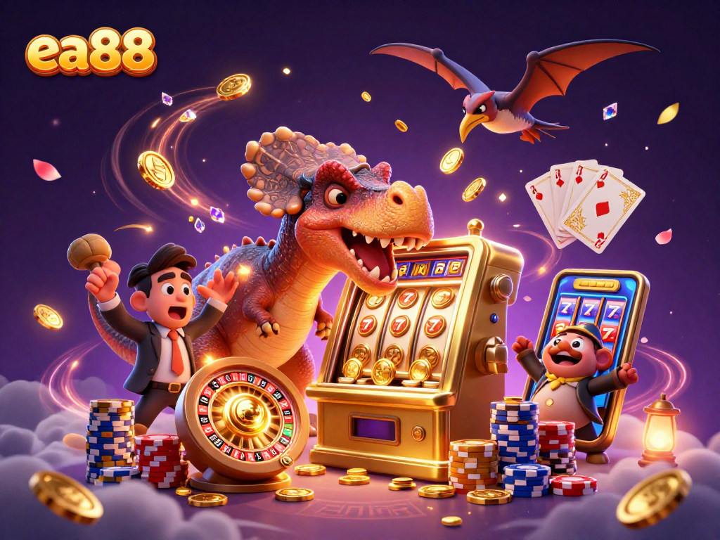 ea88 jackpot scene featuring cartoon dinosaurs and gold coins in a dynamic casino atmosphere