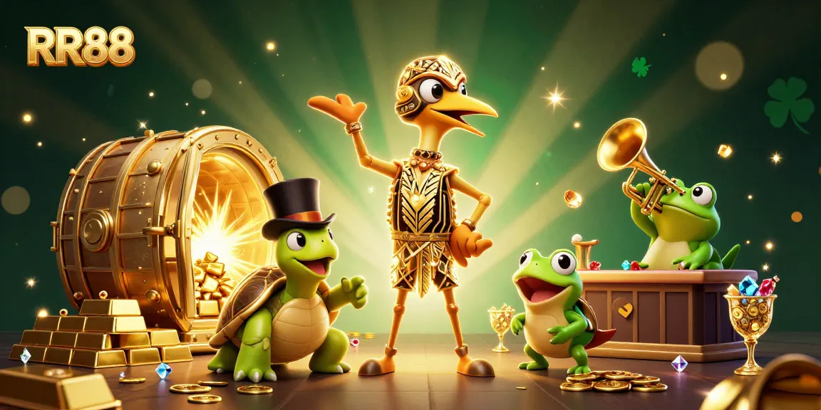 Engage with RR88's vibrant casino atmosphere featuring cartoon characters and treasure in action.