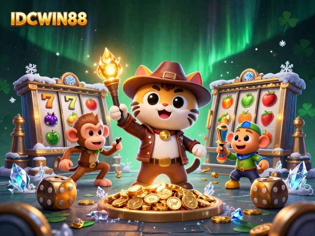 Experience the thrilling IDCWIN88 jackpot chase with a cat archeologist and monkey in a vibrant casino scene.