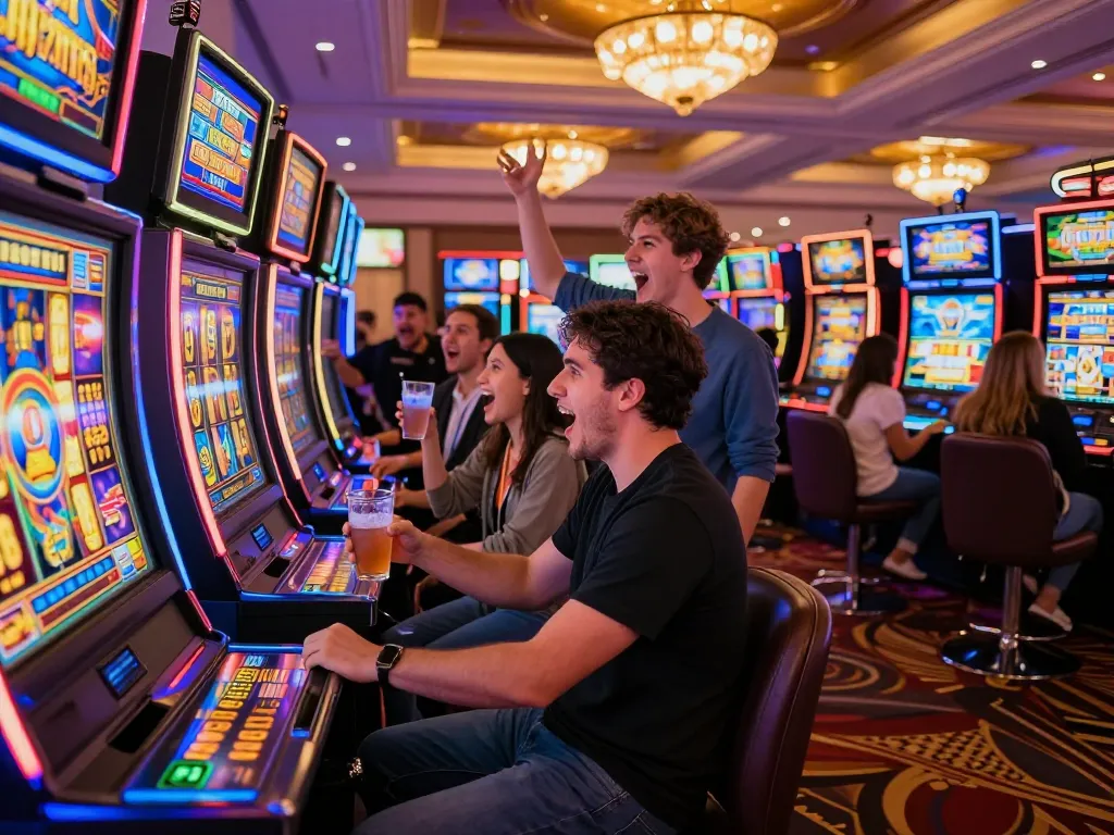 Players celebrating a big win at vegasslot77.com slot machine in a vibrant casino setting.