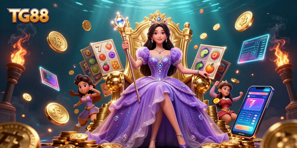 Boost your wins with TG88's vibrant slot games featuring golden tiaras and sparkling coins.