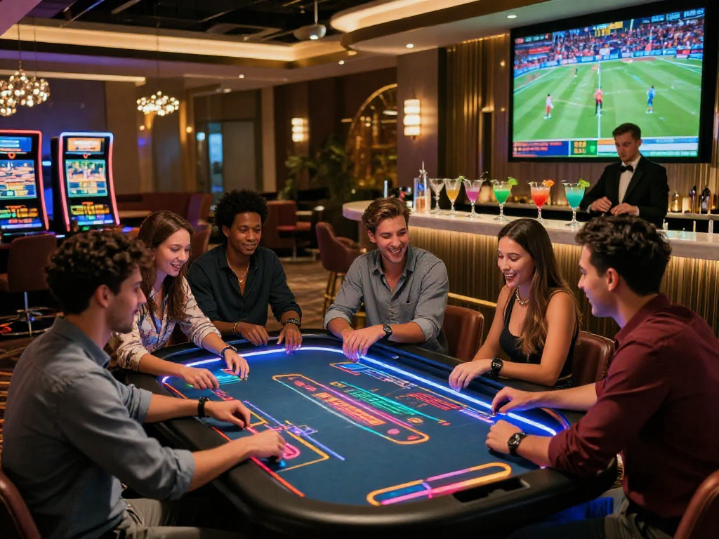 Group enjoying oxbet gaming table with digital screens and cocktails in a modern casino.