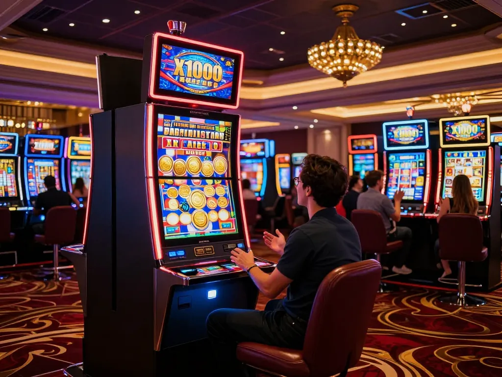 Players enjoying the Slot x1000 experience in a lively casino, with vibrant neon lights and exciting gameplay.