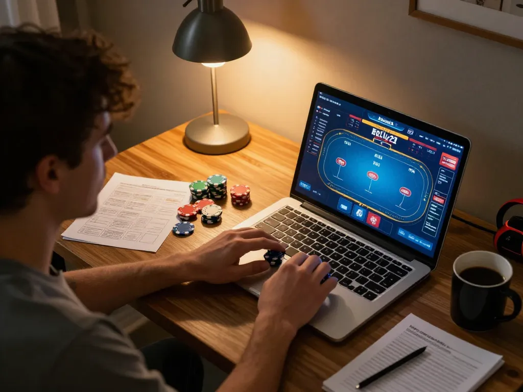 Engaged player mastering poker strategies on 78win in a cozy home office setting.