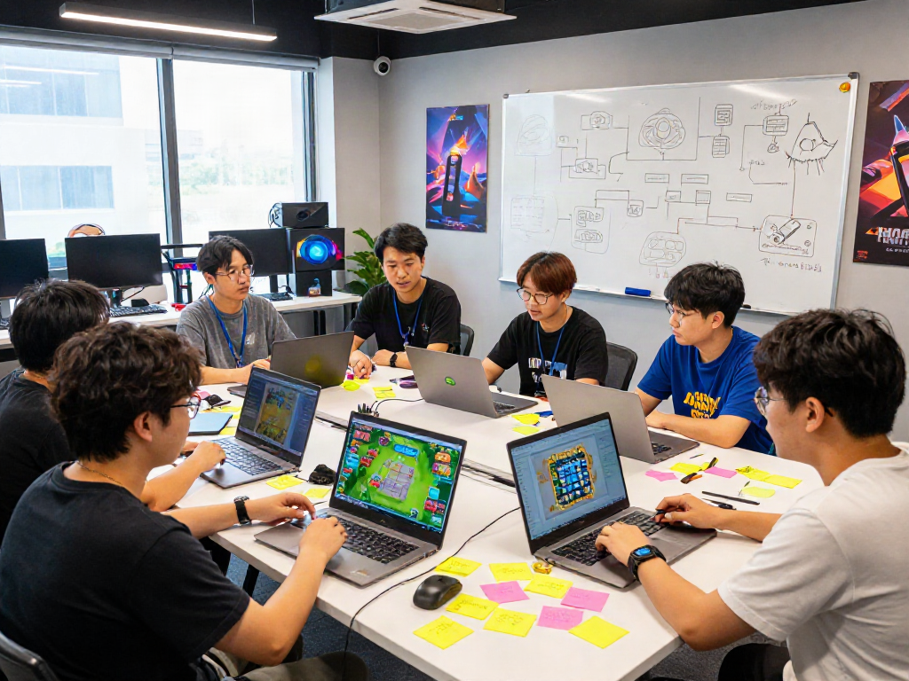 Team brainstorming for MAHJONGJP88 Official game development, vibrant gaming studio atmosphere