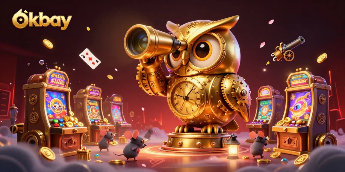 okbay casino scene with a clockwork owl and mice patrons exploring vibrant slot machines surrounded by underwater treasures.