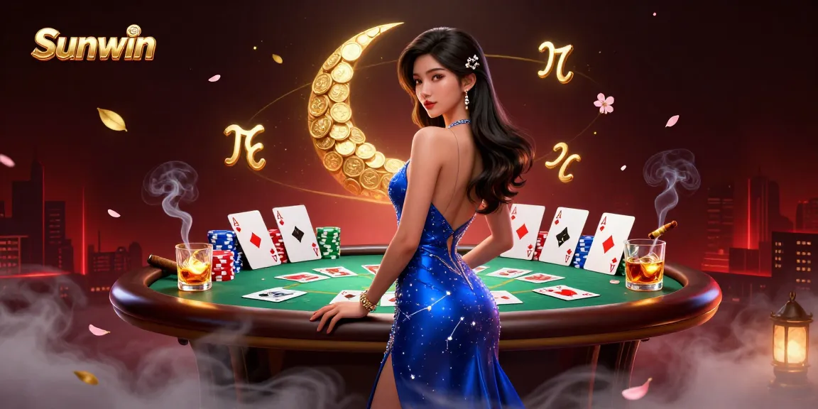 Experience the thrill of Sunwin with an elegant casino night showcasing poker tables, vibrant chips, and mystical elements