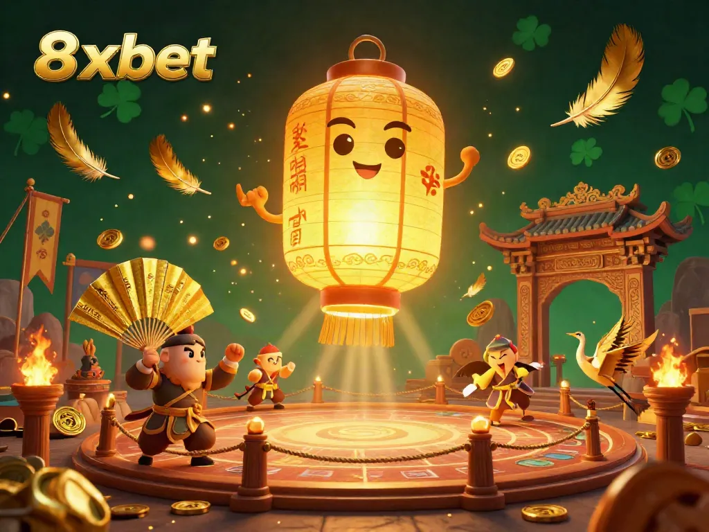 Experience thrilling gaming at 8xbet casino with lucky golden symbols and vibrant characters in action.