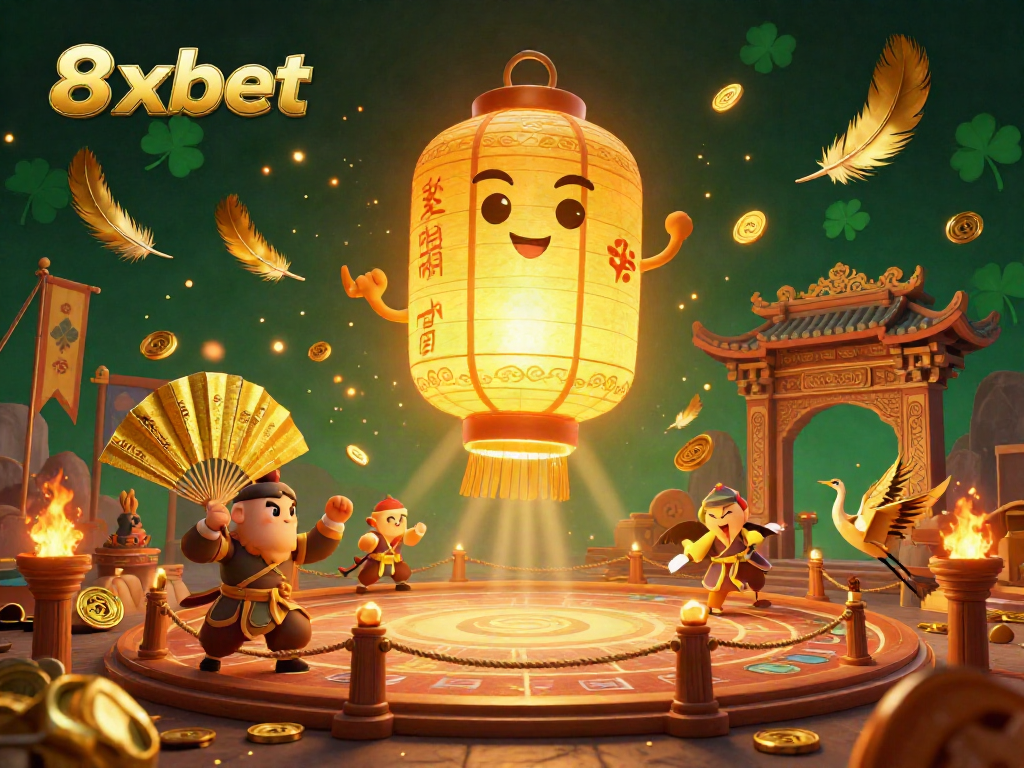 Experience thrilling gaming at 8xbet casino with lucky golden symbols and vibrant characters in action.