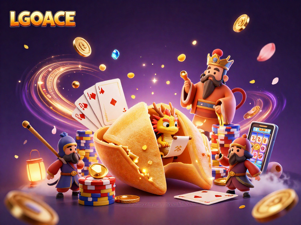 LGOACE showcases a vibrant 3D casino scene with a golden fortune cookie and a wise dragon, full of action.