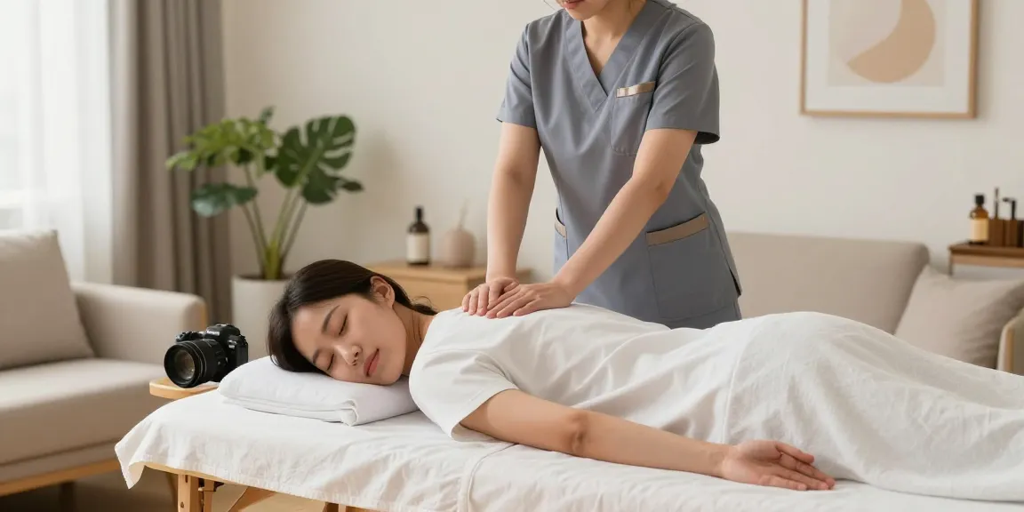 Korean therapist delivering 영등포출장안마 service in a serene home setting with soothing decor.