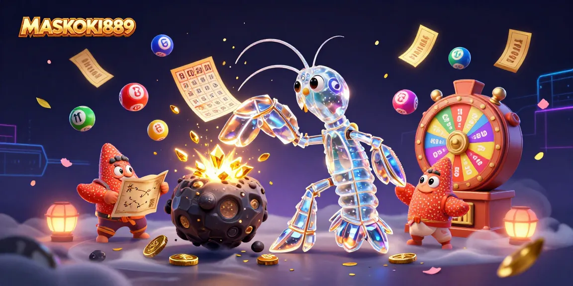 Experience the thrill of gaming with MASKOKI889, featuring vibrant lottery elements and cosmic characters.