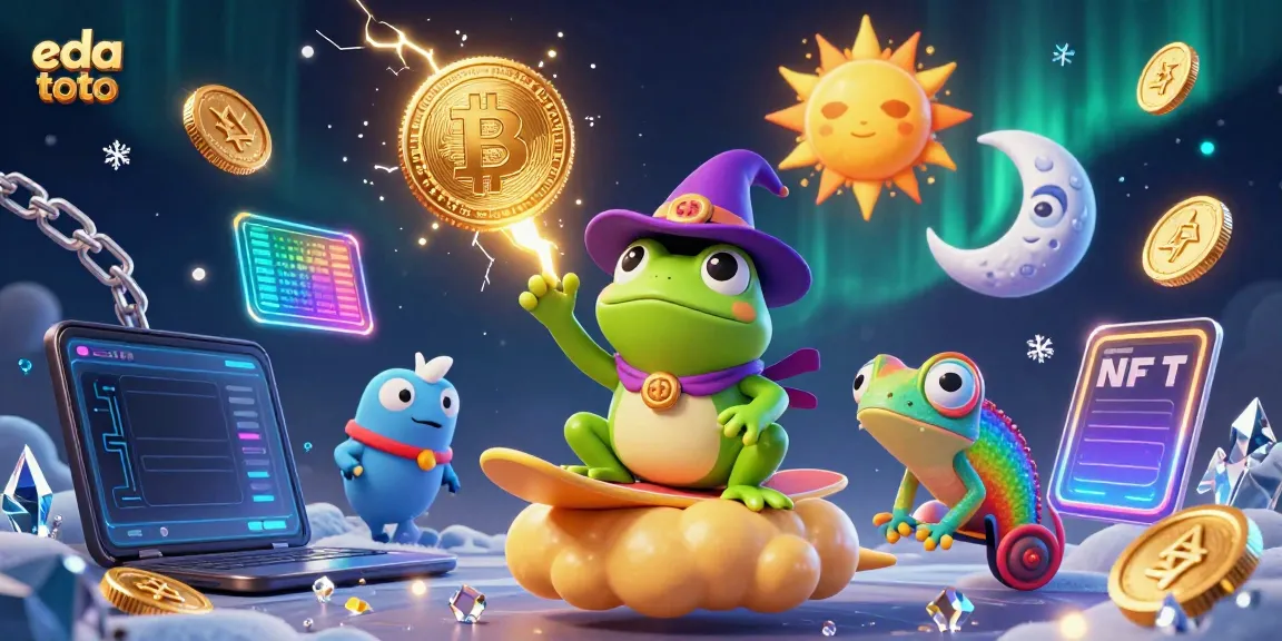 Engage with eda toto through a vibrant 3D fantasy scene, showcasing a wizard frog and chameleon amidst a whirlwind of riches.