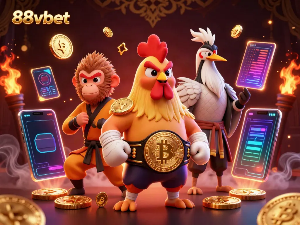Engage with exciting games at 88vbet, featuring a cartoon rooster and martial artist in a vibrant casino setting.