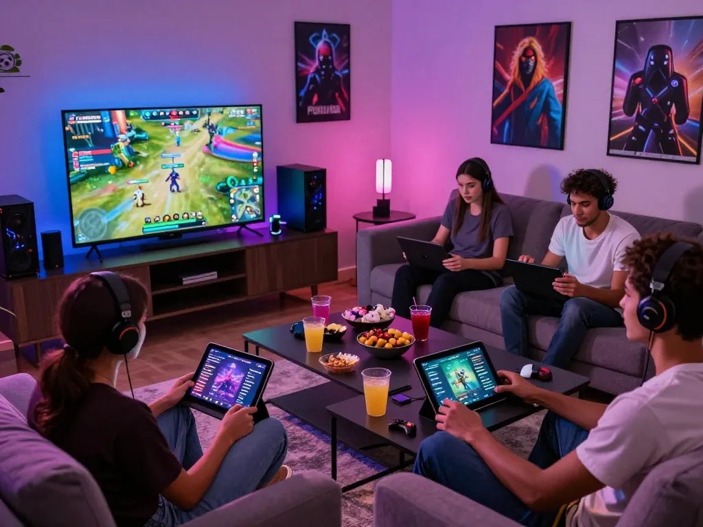 Friends enjoying online games together in a vibrant living room at ligasedayu.com.