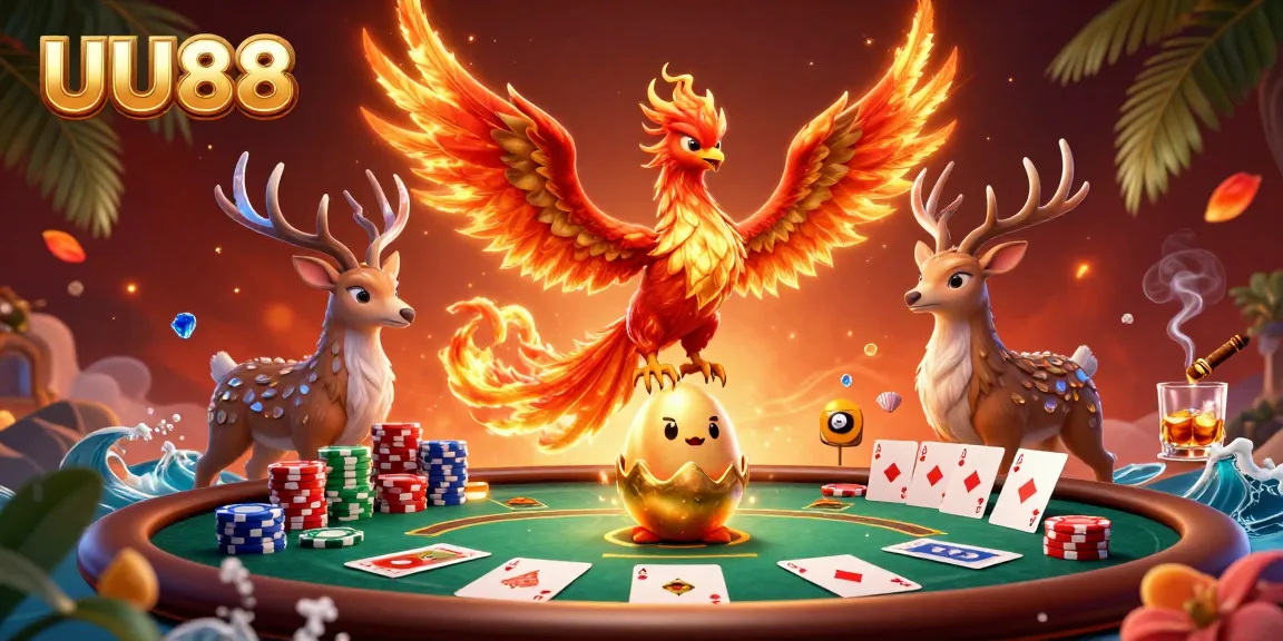 Experience thrilling poker action with UU88's vibrant casino illustration featuring mystical characters and game elements.