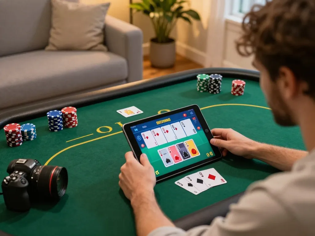 Xoso66 player engaging in poker strategy at home on a tablet, surrounded by cozy settings