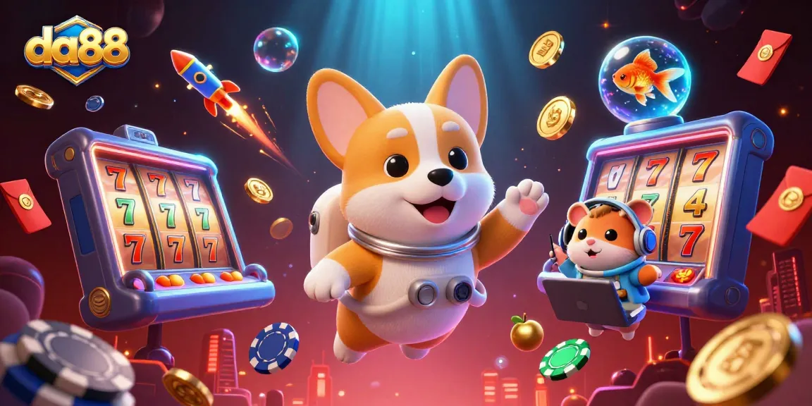 Engage with da88 at the vibrant casino in space, as a corgi and hamster navigate floating games.