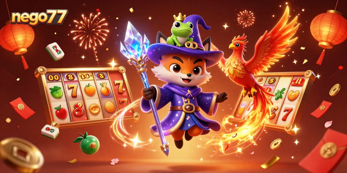 Experience the excitement of nego77 with vibrant 3D slots and magical characters in a detailed casino scene.