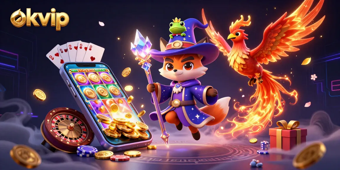Engage in thrilling gameplay with okvip, where a wizard fox and phoenix explore vibrant slots and games.
