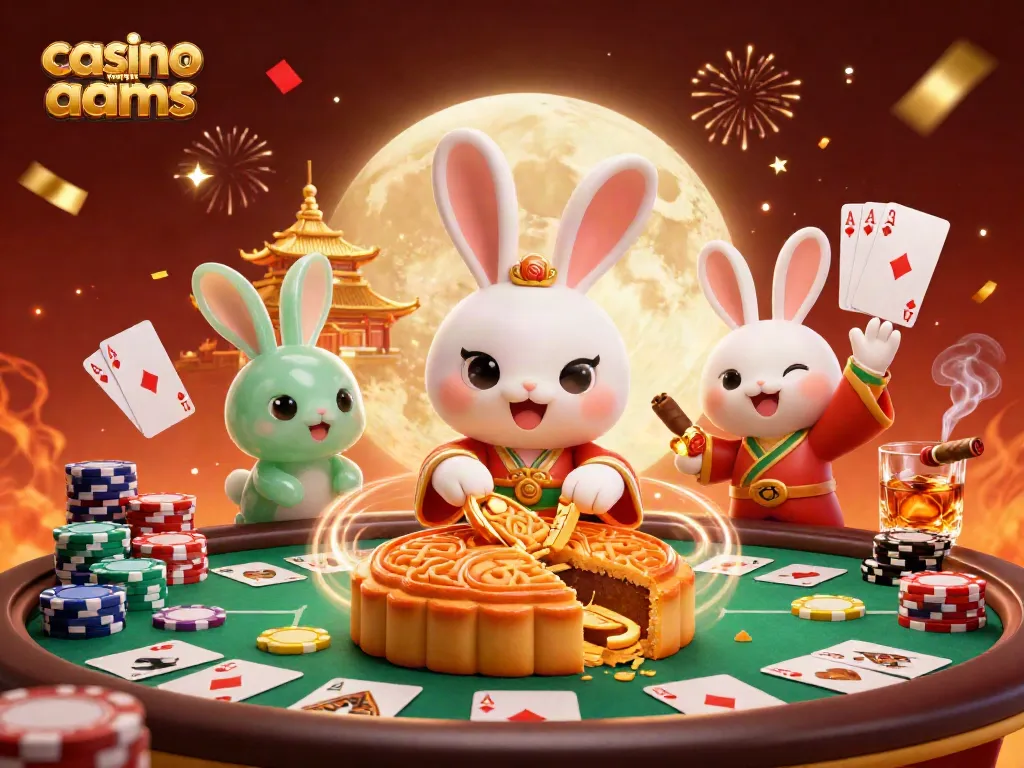 Scopri i vantaggi dei casino non AAMS con un'illustrazione vivace di un coniglio lunare e fiches da poker.
