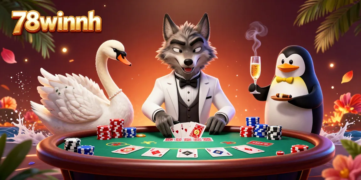 Engage in thrilling gameplay at 78winnh with a lively casino scene featuring a wolf, swan, and penguin.