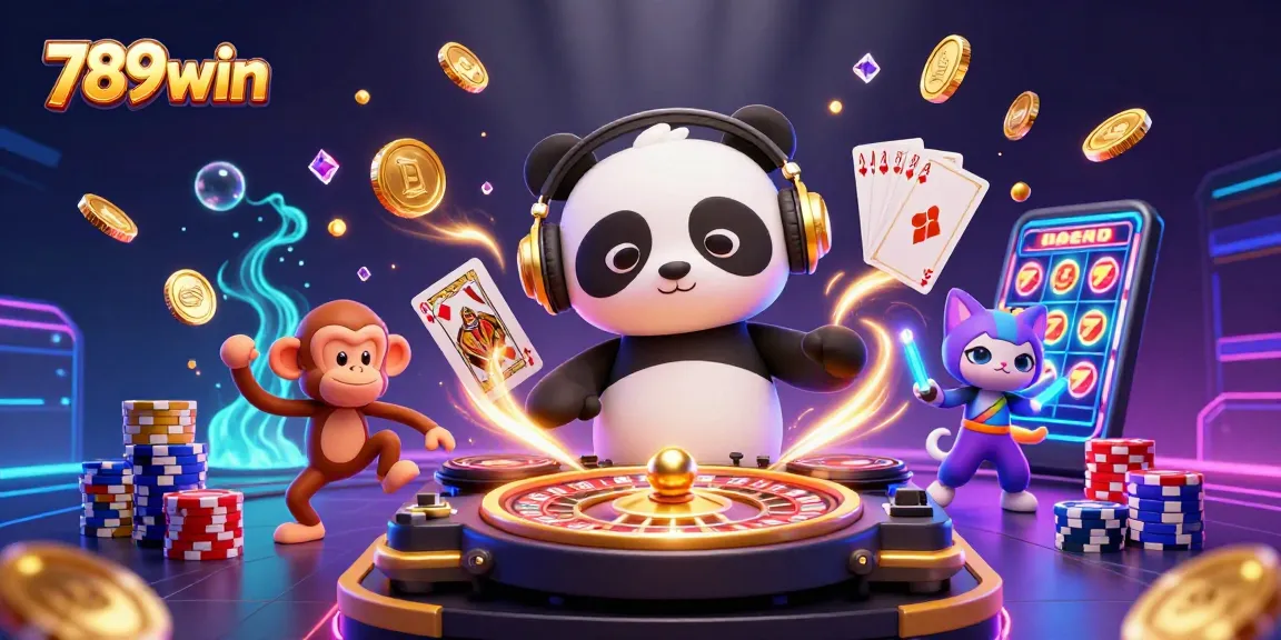 Join the 789win gaming adventure with a DJ panda, dancing monkey, and neon kitten as they celebrate!