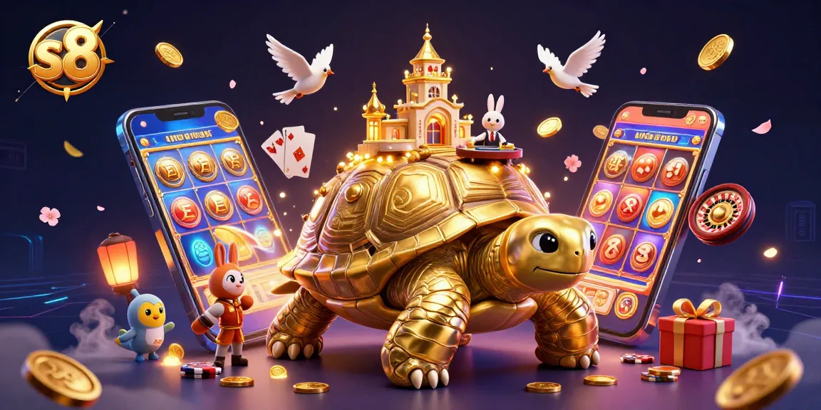 S8 players enjoy thrilling gaming experiences with golden tortoise and rabbit dealer surrounded by coins and games