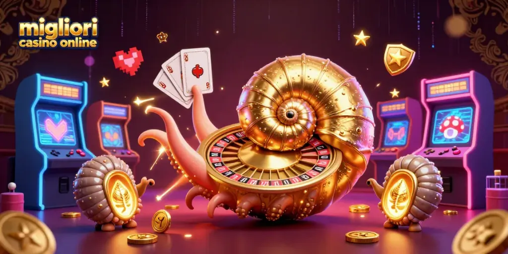 Gioca nei migliori casino online con un'illustrazione di un nautilus gigante che gira la roulette con carte e monete dorate