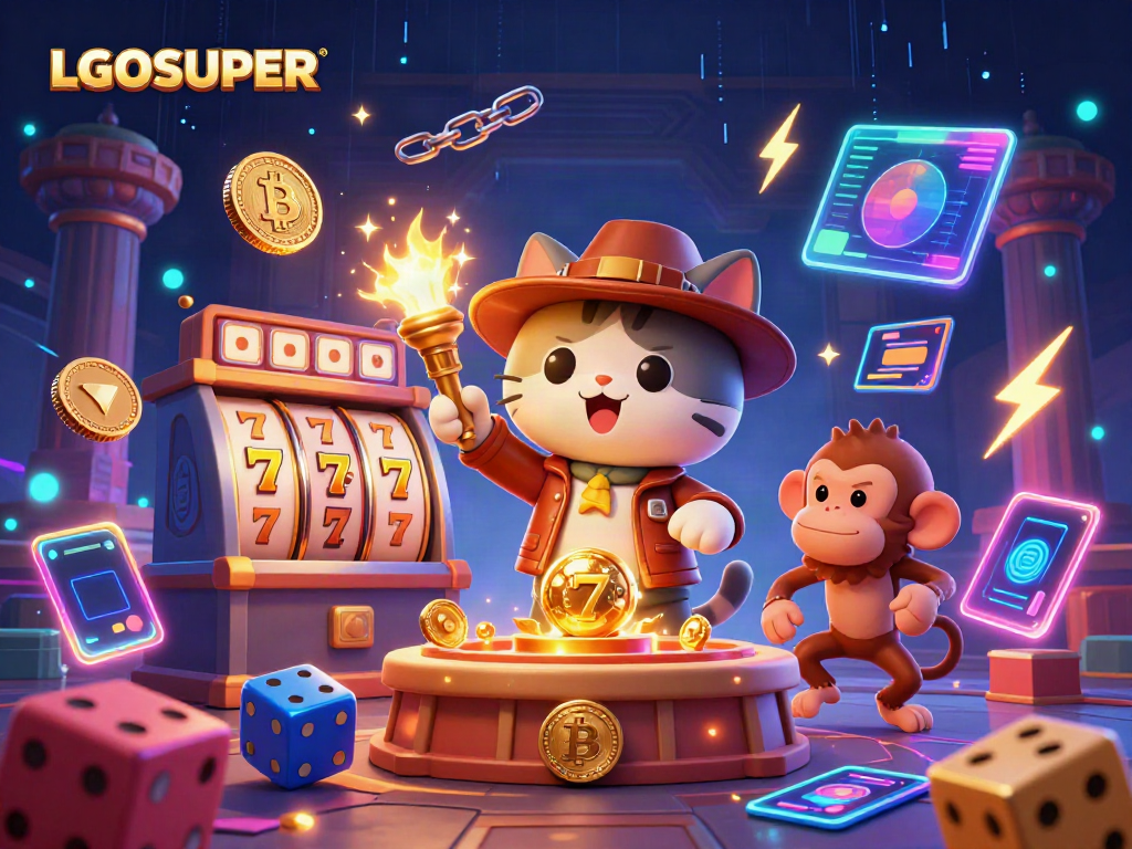 Experience the thrill of LGOSUPER with a cat explorer discovering a golden slot artifact.