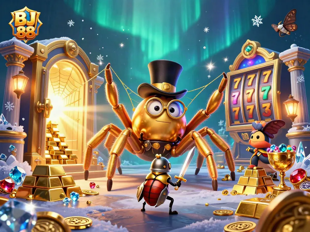 BJ 88 thrills await in this vibrant 3D casino scene showcasing a golden tarantula and beetle knight.