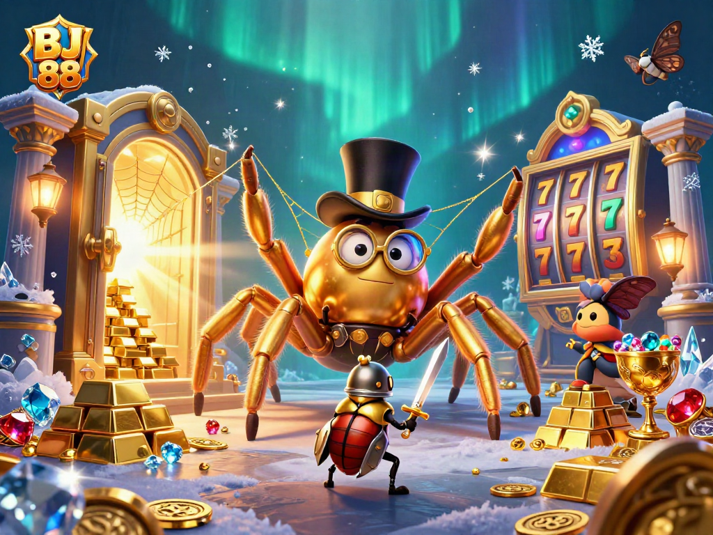 BJ 88 thrills await in this vibrant 3D casino scene showcasing a golden tarantula and beetle knight.