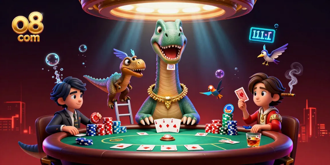 Experience the thrill of o8 com with a whimsical casino scene featuring a quirky brontosaurus and clever raptor!