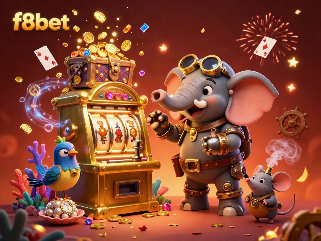 Spin the reels at f8bet with a steampunk engineer surrounded by vibrant casino elements and treasure.