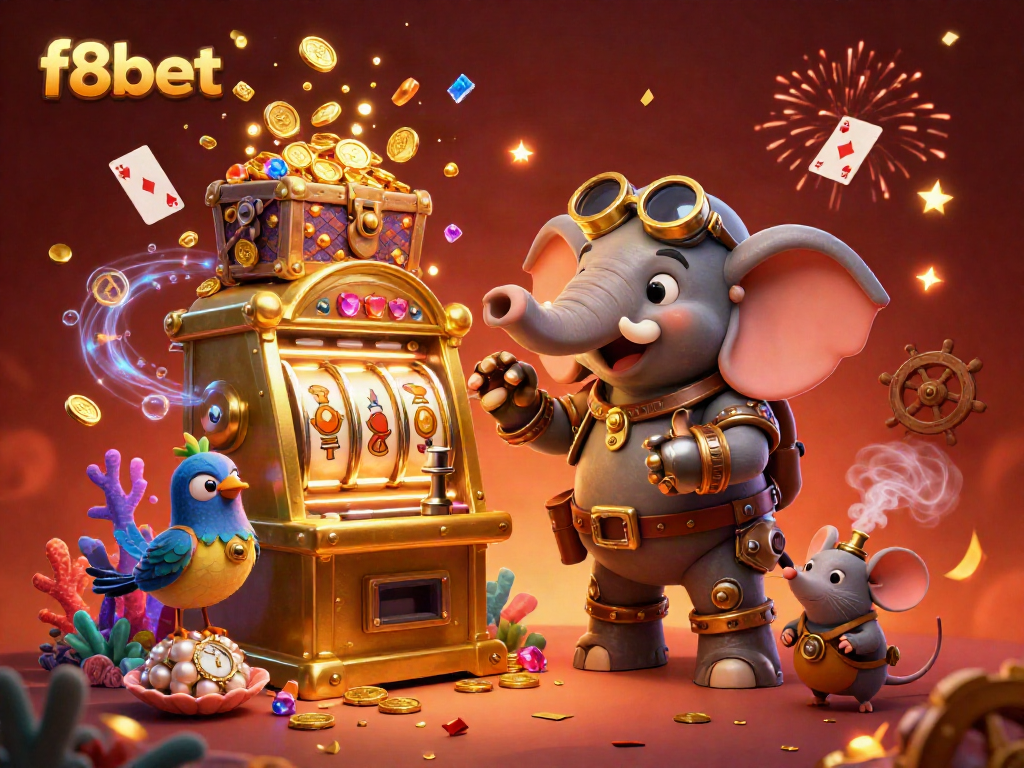 Spin the reels at f8bet with a steampunk engineer surrounded by vibrant casino elements and treasure.