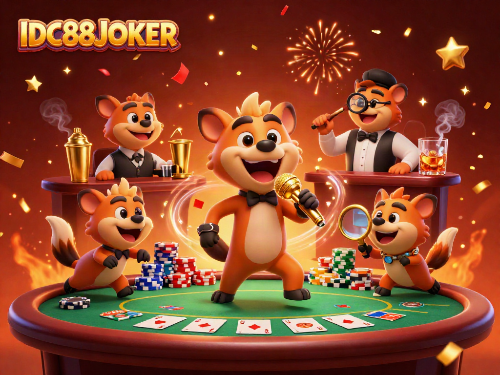 Experience the excitement of IDC88JOKER with lively hyenas in a vibrant casino scene.