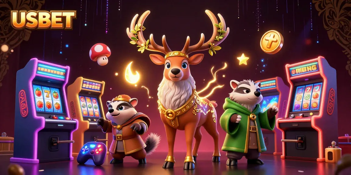 Engage with USBET's vibrant casino experience showcasing a Celtic druid stag and arcade games.