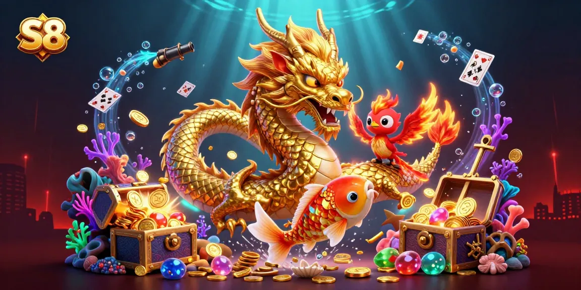Engage in thrilling casino fun with S8, featuring a dragon, phoenix, and koi fish in a vibrant scene.
