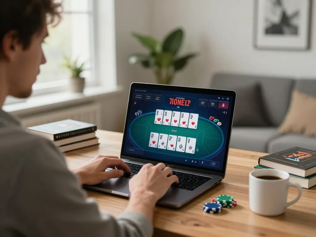 MM88 online player enjoying a poker game, showcasing strategy and engagement from a stylish home setup.